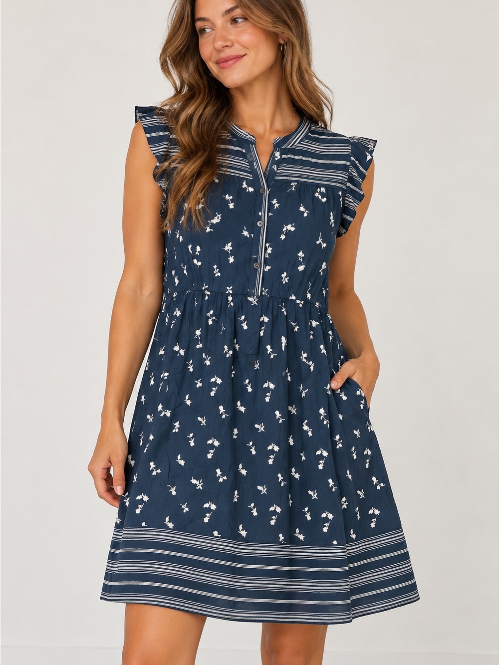 LOFT Navy Floral Button-Front Mini Dress